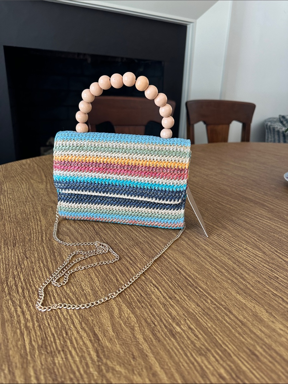D'Margeaux New York Multicolor Striped Woven Purse w/ Wooden Bead Handle NWT